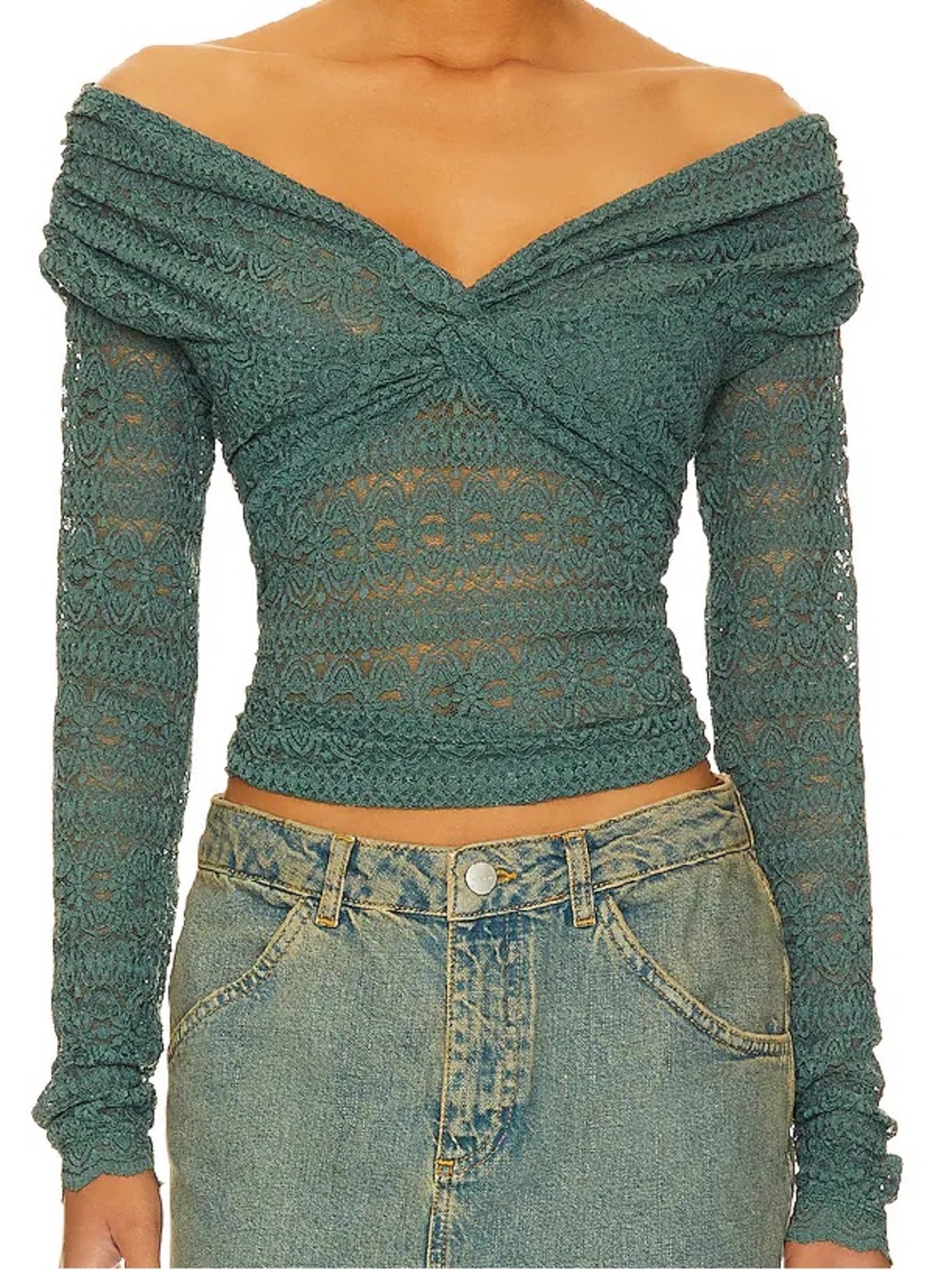 Free People Feminine Off The Shoulder Long Sleeve Lace Top Silver Pine Size XS